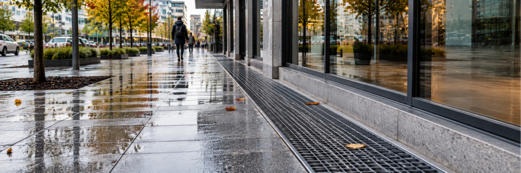 Sidewalk drainage grating installed beside a commercial building on a rain-soaked Ontario pedestrian walkway.